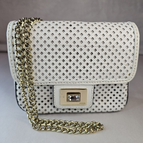 Juicy Couture White Perforated‎ Chain Crossbody Bag Rhinestone Turn Lock Gold - Picture 7 of 16